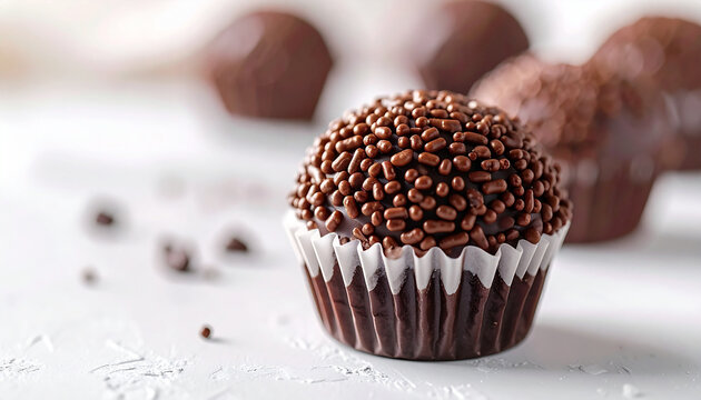 Traditional Brazilian brigadeiro on white table, chocolate coating, appetizing dessert food, tasty