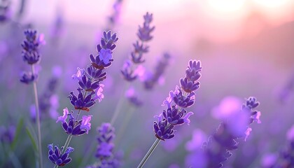 Obraz premium Close-up of Lavender Flowers in a Field at Sunset.