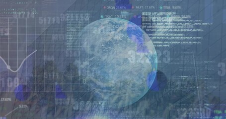 Animation of financial data processing with globe over cityscape - Powered by Adobe