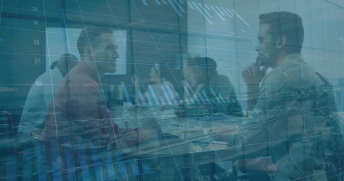 Animation of statistical data processing over two diverse men discussing at office