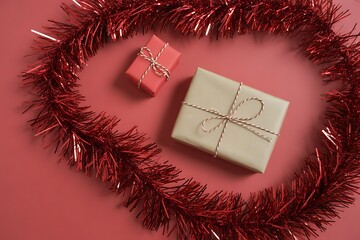 heart shaped christmas decoration with gifts on red background