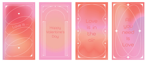 Set of four vertical romantic banners with soft pink and orange mesh gradient backgrounds. Elegant frames with stars and love quotes for Valentine Day social media stories and invitations.