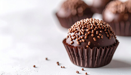 Traditional Brazilian brigadeiro on white table, chocolate coating, appetizing dessert food, tasty