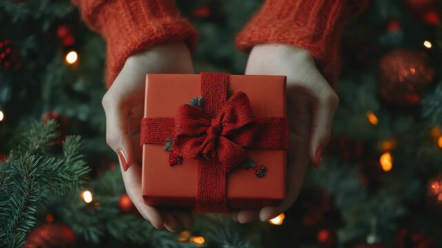 Hands holding a gift box with a bow in front of a Christmas tree. Festive holiday celebration.