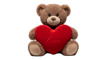 Happy valentine's day brown teddy bear holding red heart isolated on transparent background