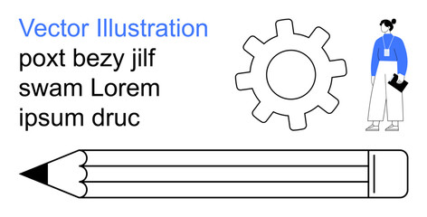 Education, creativity, teamwork, graphic design, business ideas, and workflow. Minimalist graphic showing a pencil, gear icon and human figure. Education and creativity