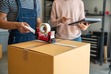 Preparing a package for shipment two people working with tape and cardboard