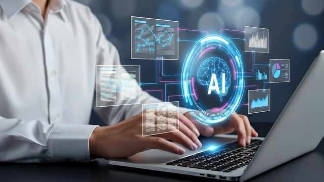 AI-powered document analysis and management. Intelligent structure analysis and information extraction. Automated document processing and knowledge management. Businessperson using laptop computer.
