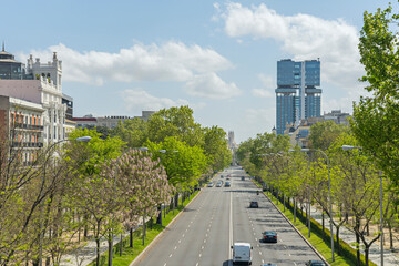 the institutional buildings and ministries on the southern section of Paseo de la Castellana, with their classic facades and flags waving at the entrance
