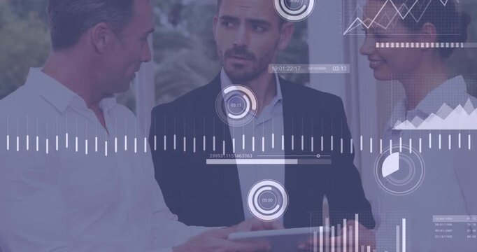 Business executives are discussing ways to simplify their data processing using a digital tablet
