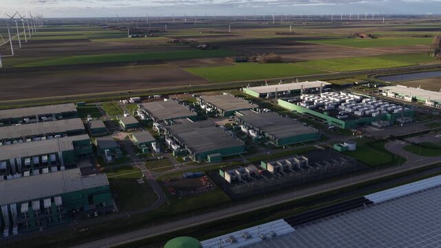 European hyperscale datacenter in The Netherlands with AI and cloud computing aerial drone video.