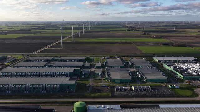 European hyperscale datacenter in The Netherlands with AI and cloud computing aerial drone video.
