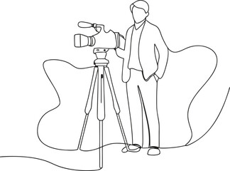 one line drawing of a man standing with a video camera on a tripod