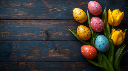 Colorful Easter eggs and yellow tulips arranged on wooden background for spring celebration