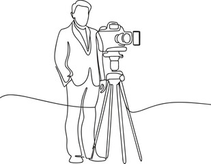 One line drawing of a man with a camera on a tripod standing