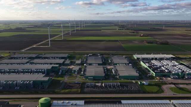 European hyperscale datacenter in The Netherlands with AI and cloud computing aerial drone video.