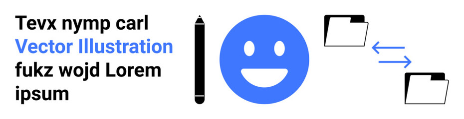 Fototapeta premium Data sharing, communication, digital storage, file management, user interface, workflow. happy face, file folders arrows pen. Data sharing and communication concept