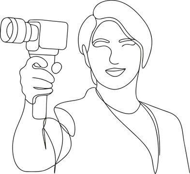 Woman holding a video camera and smiling  one line drawing