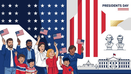 Diverse Americans Celebrate Presidents Day with Flags and Icons
