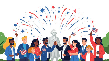 Diverse Crowd Celebrating Independence Day with Fireworks and Statue