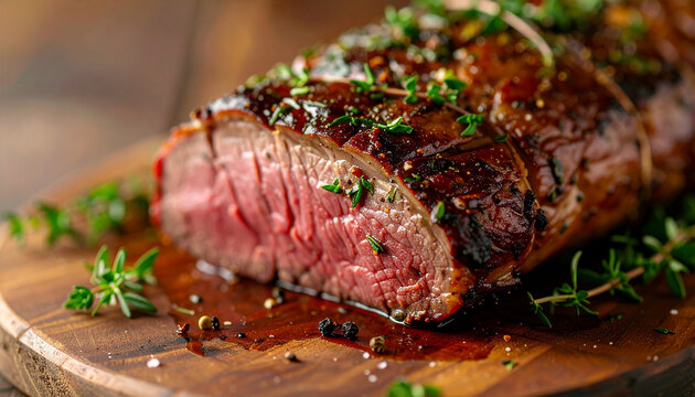 Aged venison backstrap roast garnished with fresh herbs, rustic wooden board, delicious food, tasty