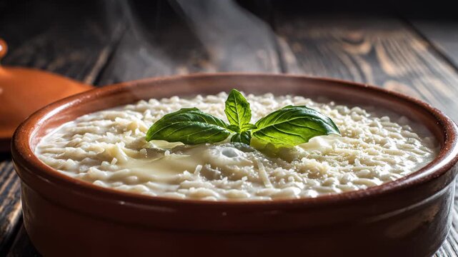Creamy Cheese Risotto Topped With Basil Leaves in Rustic Bowl