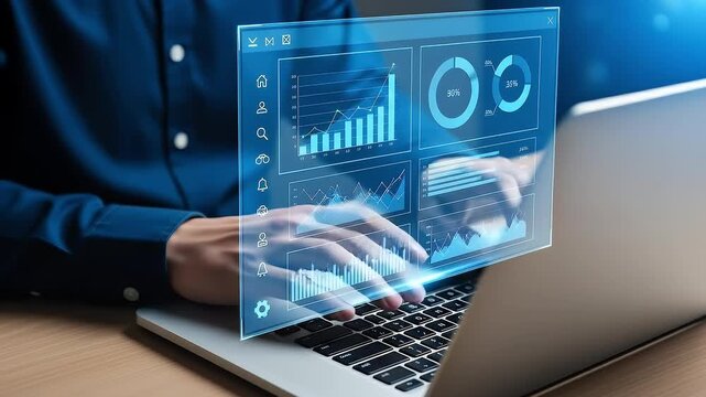 Web analytics dashboard. Marketing data visualization. Statistical graphs and reports. Businessperson analyzing website traffic using a laptop computer.
