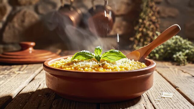 Pouring Grated Parmesan Cheese Onto Delicious Risotto Dish With Basil