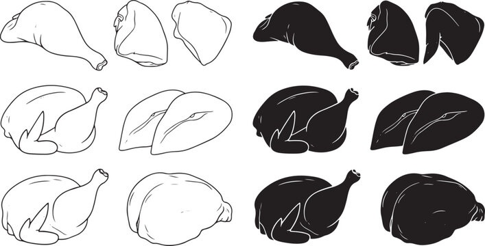 Chicken cuts and whole poultry vector set Vector