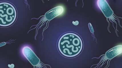 Glowing bacteria and microorganisms in a dark blue environment