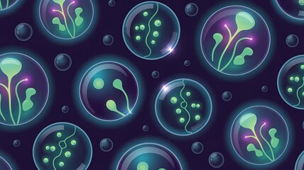 Glowing green cells in bubbles on dark background for science concepts