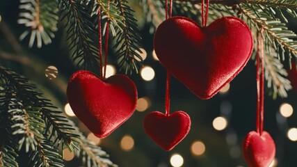 Red hearts hanging on a christmas tree branch with bokeh lights