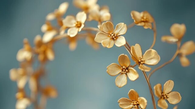 A close-up of a gold wire floral wreath featuring small buds and leaves, set against a blurred soft blue backdrop.
