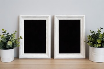 Two empty white frames with greenery on a wooden surface