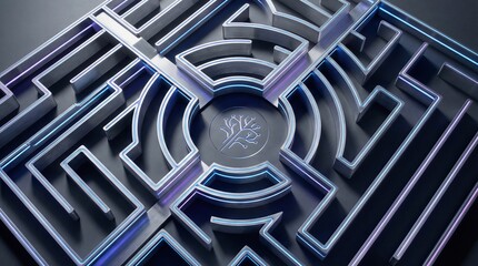 Top-down view of a complex 3D maze made of brushed aluminum and glowing neon edges, symbol of complex algorithms, sharp shadows