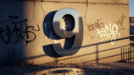 A large metallic number nine is prominently displayed on a textured wall covered with graffiti and shadows