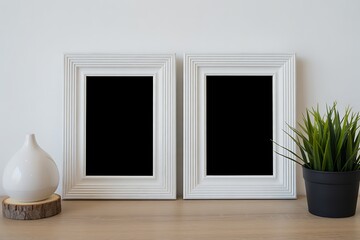 Two empty white frames with a plant and vase on a wooden surface