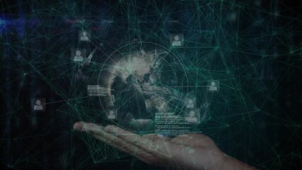 Hand holding holographic globe glowing in dark digital space, showing teal network mesh connections - Powered by Adobe