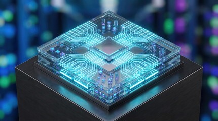 Isometric view of a futuristic quantum chip, glowing neon cyan energy pulses moving through translucent glass paths, intricate micro-details