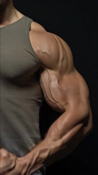 A man's muscular bicep is prominently displayed as he flexes it. He wears a tank top that reveals his defined arm muscles.