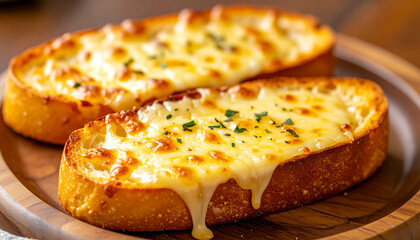 Garlic bread with melted cheese on wooden plate, golden crust, gooey cheese, delicious food, snack