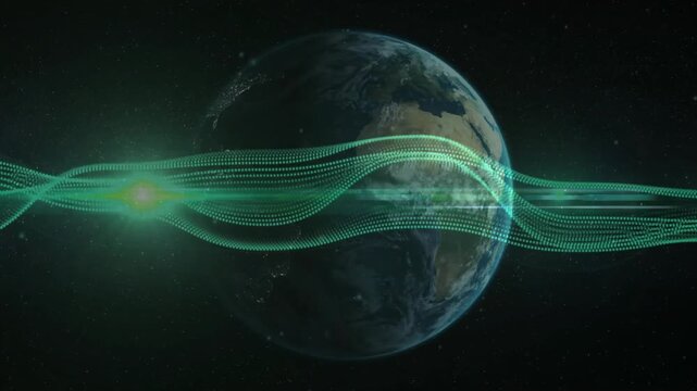 Green wave emerging from left edge traveling to Earth wrapping it causing flare showing data flow