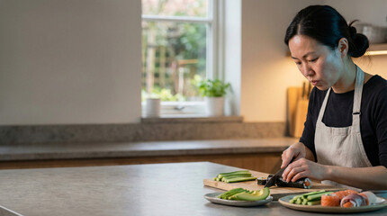 Woman slicing vegetables in kitchen with natural light and focus  