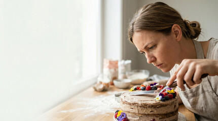 Female baker decorating cake with flowers in bright kitchen  