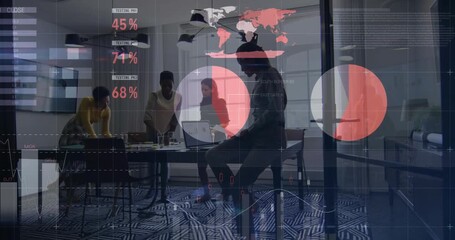Businesswomen collaborating for data analysis while initiating pie chart and map overlay on laptop - Powered by Adobe