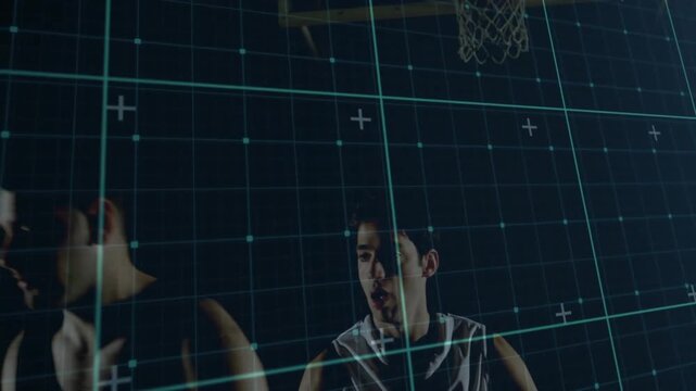Sports tech showing defender shifting in grid blocking pass as attacker dribbling driving to dunk
