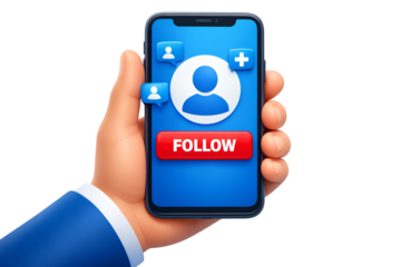 Hand holding smartphone displaying social media profile follow request notification