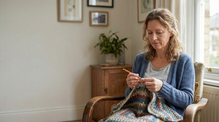 Woman crocheting colorful blanket while sitting in cozy armchair indoors  