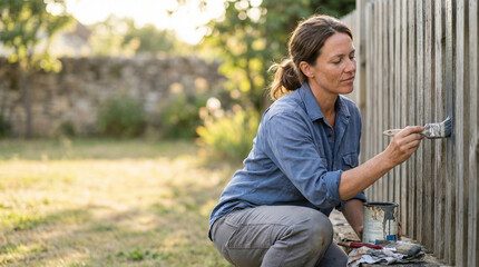 Woman painting wooden fence while kneeling in sunny outdoor garden  