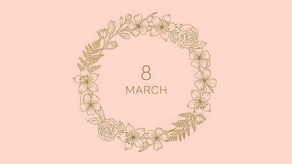 a delicate floral wreath in gold lines surrounds the text march 8 on a soft pink background